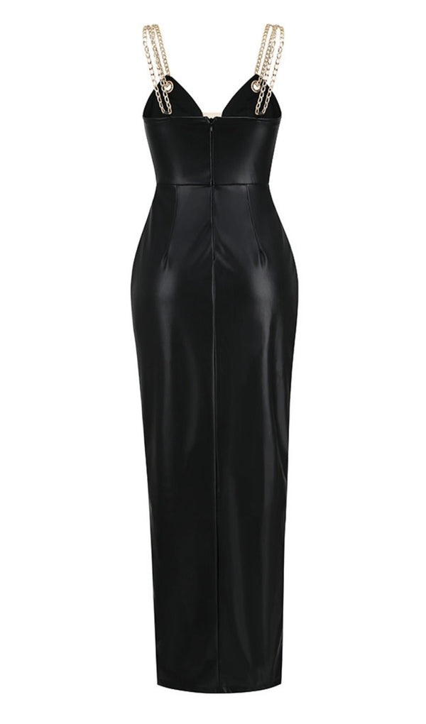 HIGH SLIT DEEP V MIDI DRESS IN BLACK