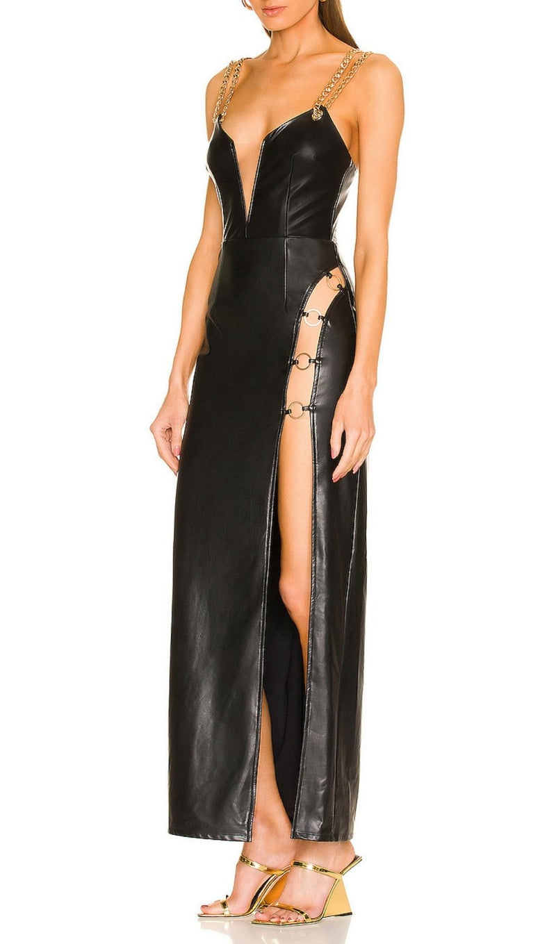 HIGH SLIT DEEP V MIDI DRESS IN BLACK