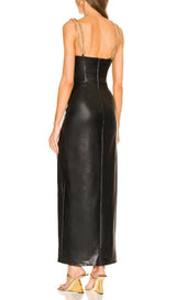 HIGH SLIT DEEP V MIDI DRESS IN BLACK