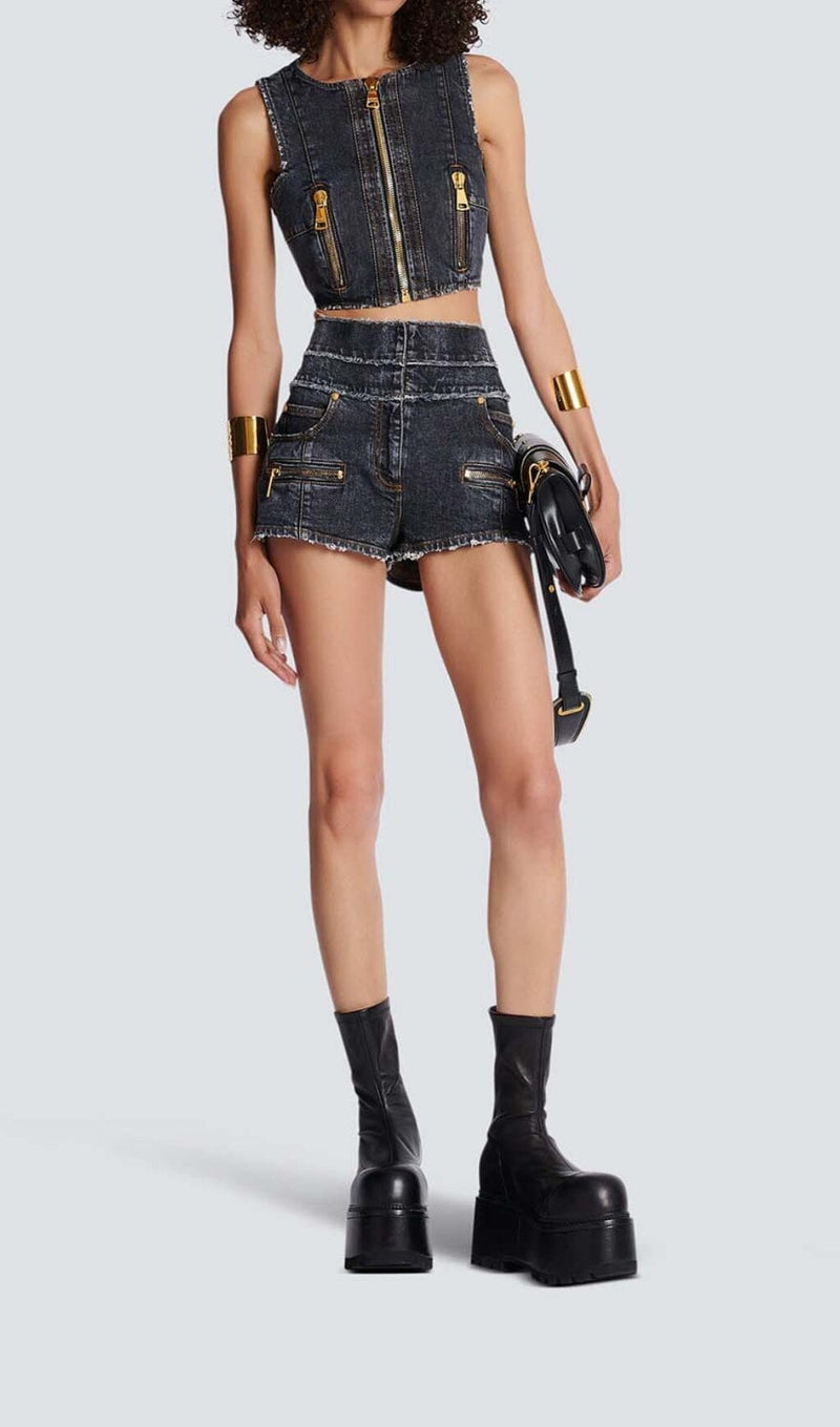 HIGH-WAISTED FADED DENIM TWO PIECES SET