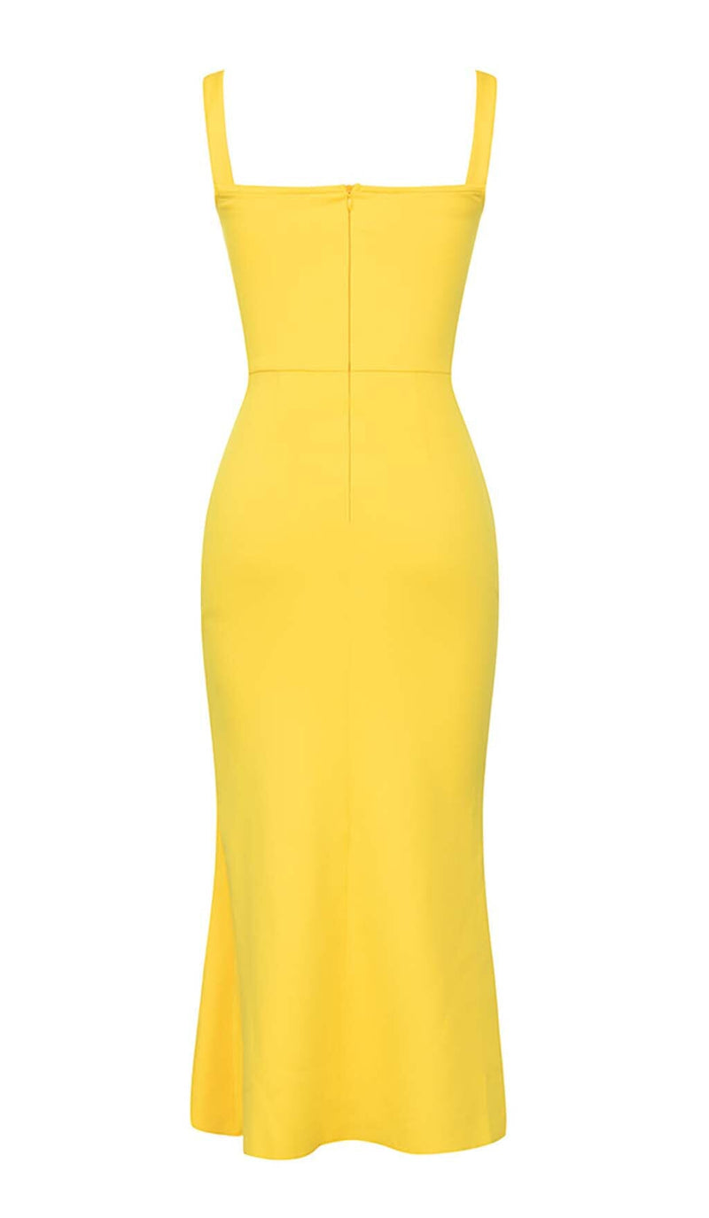 HIP WRAP BANDAGE MIDI DRESS IN YELLOW