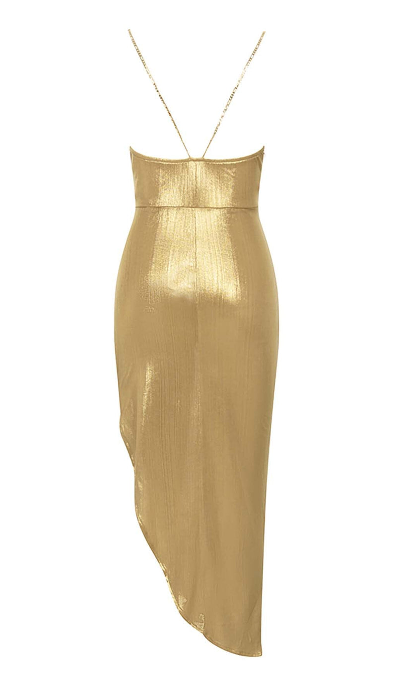 HIP WRAP SLIT MIDI DRESS IN GOLD