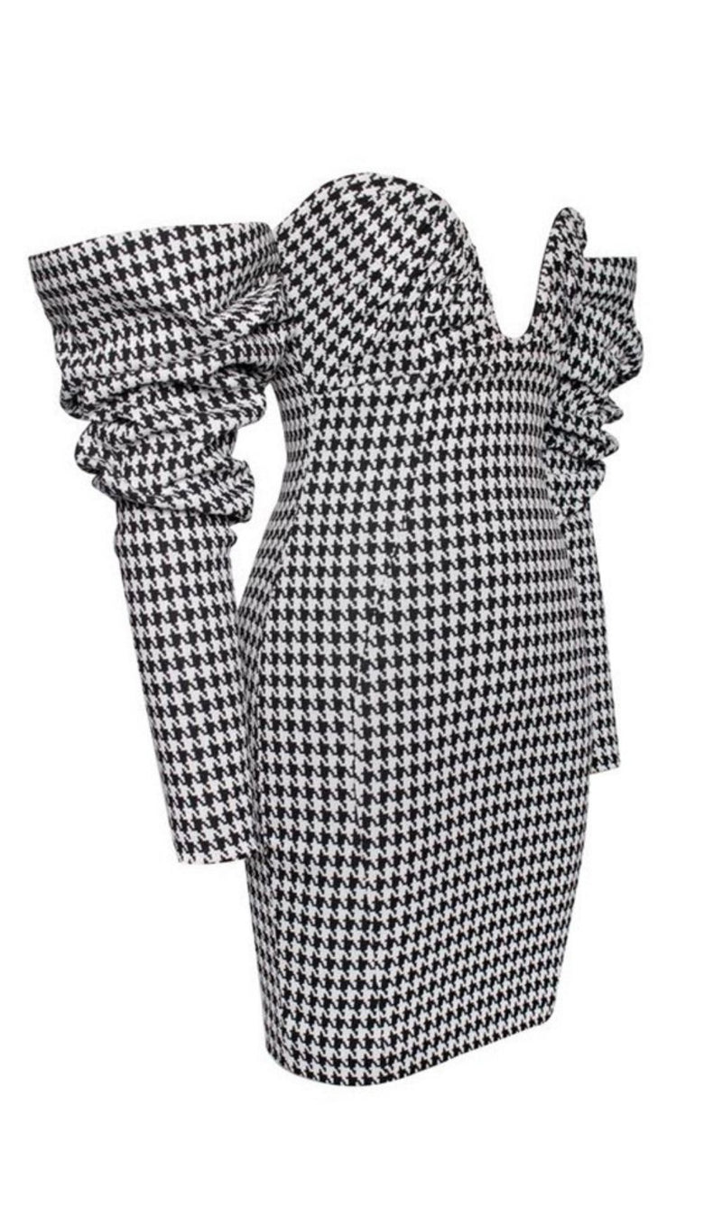 HOUNDSTOOTH WORD SHOULDER WRAP DRESS