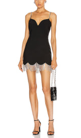 WAVY FRINGED SUSPENDER DRESS IN BLACK