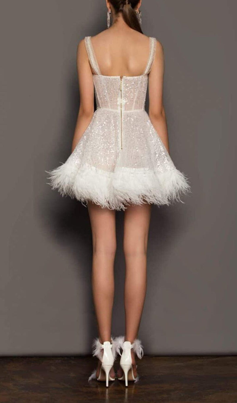 SEQUIN FEATHER SUSPENDER DRESS IN APRICOT 