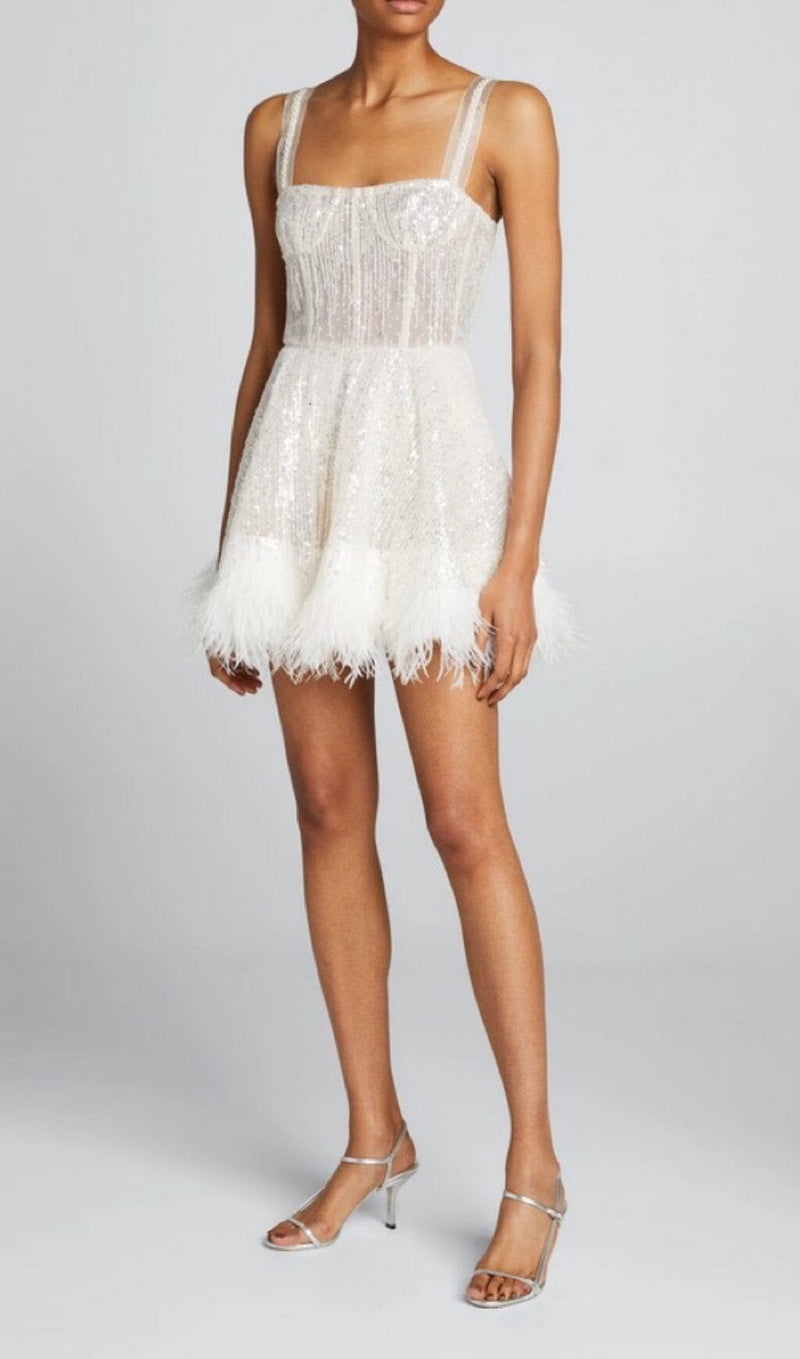 SEQUIN FEATHER SUSPENDER DRESS IN APRICOT 