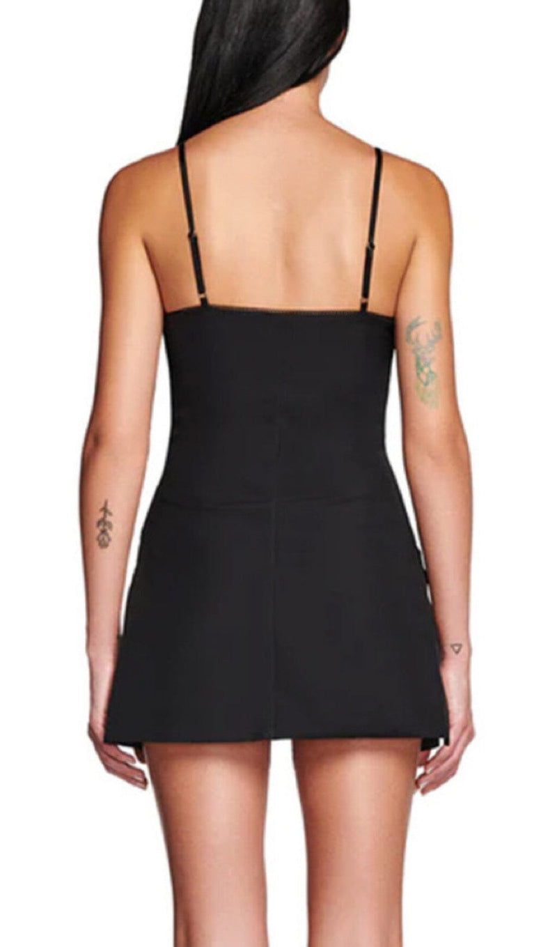 FISHBONE SUSPENDER MINI DRESS IN BLACK