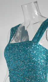 SQUARE-NECK SEQUIN SUSPENDER DRESS IN BLUE