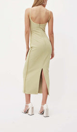 COLOR BLOCK SUSPENDER MIDI DRESS IN LETTUCE GREEN