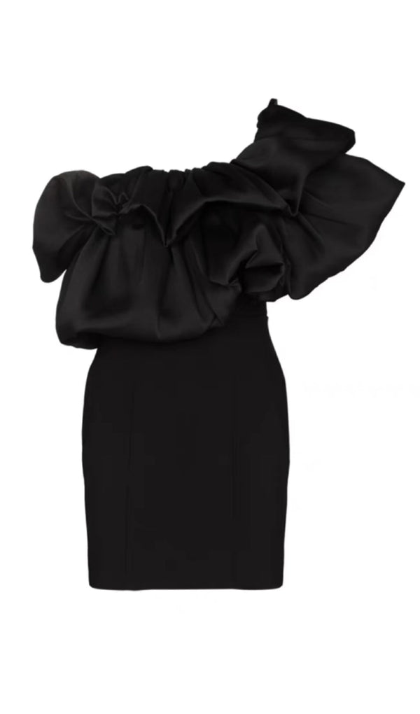 CROSS-SHOULDER PLEATED DRESS IN BLACK