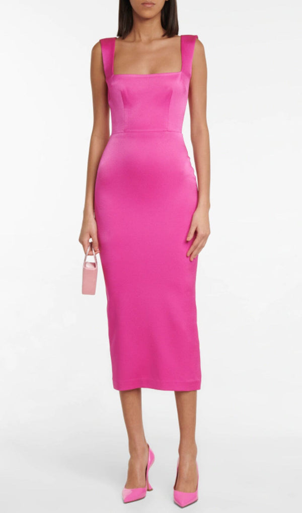 SQUARE-NECK SATIN MIDI DRESS IN ROSE RED