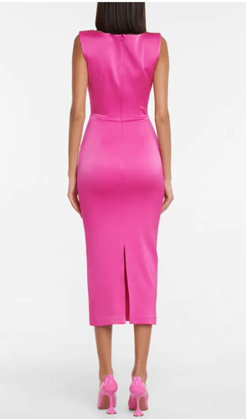 SQUARE-NECK SATIN MIDI DRESS IN ROSE RED