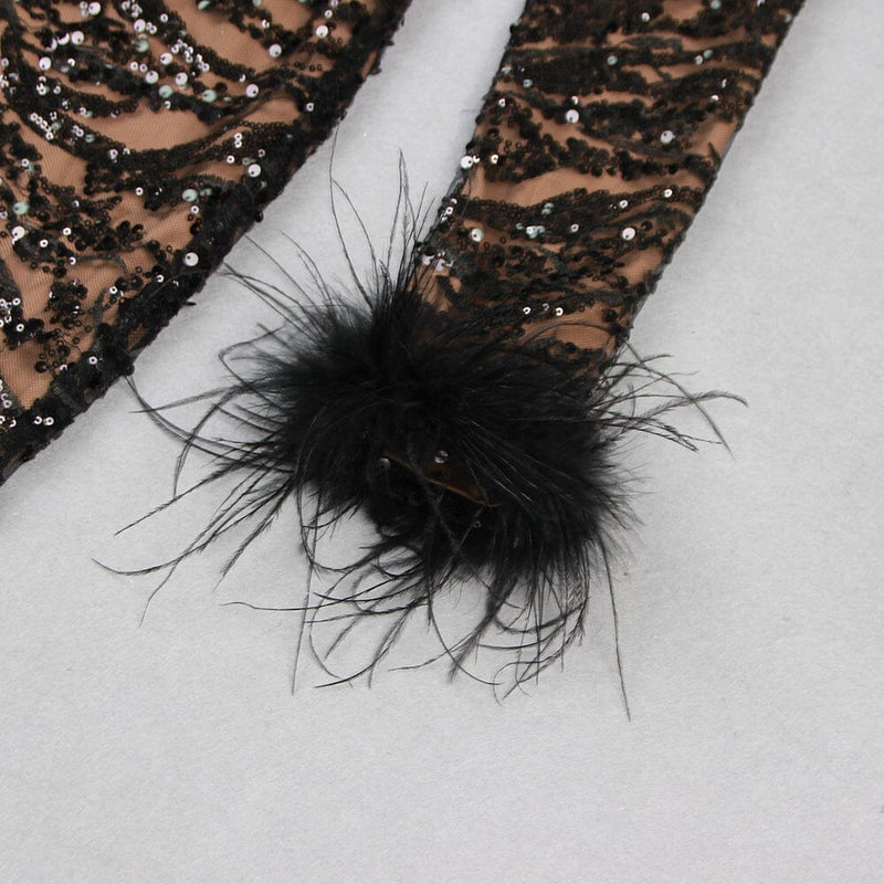 BLACK SEXY BACKLESS SEQUINED FEATHER JUMPSUIT