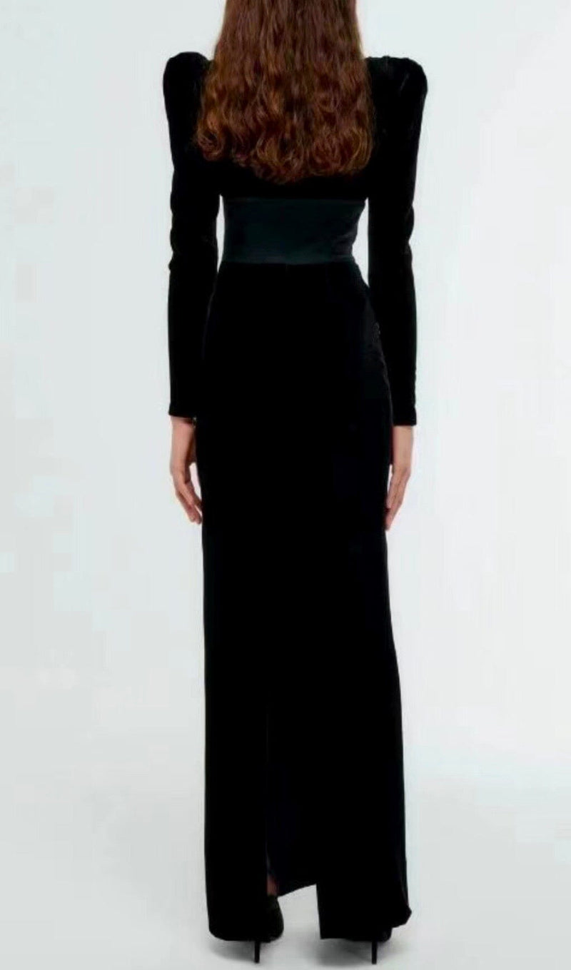 SHEEP LEG SLEEVE VELVET SLIM MAXI DRESS IN BLACK