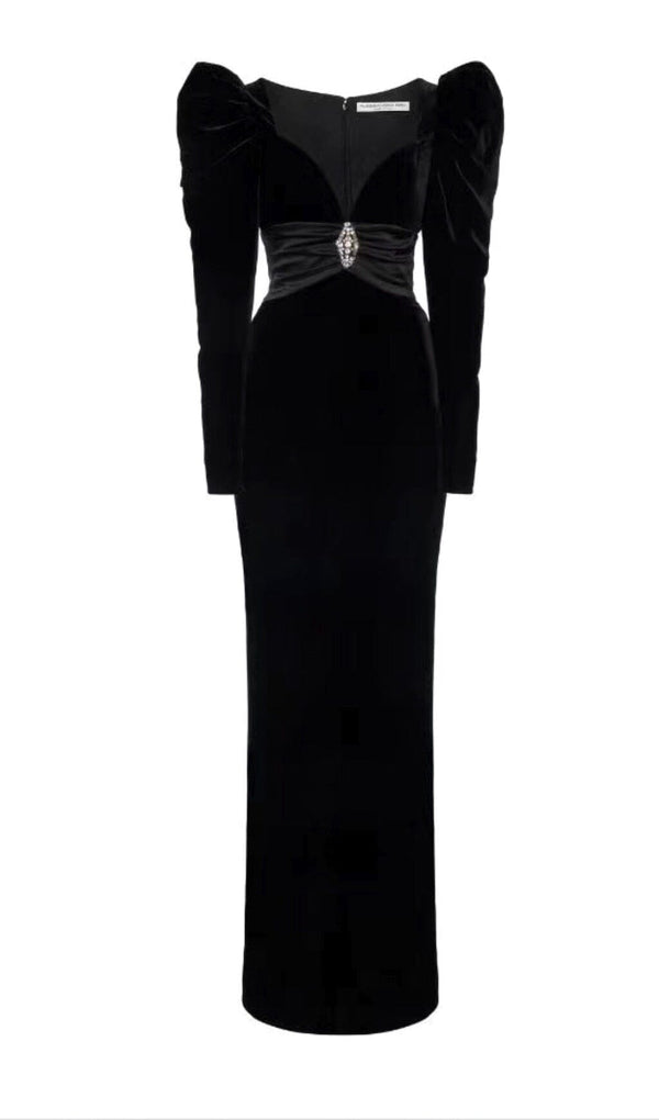 SHEEP LEG SLEEVE VELVET SLIM MAXI DRESS IN BLACK