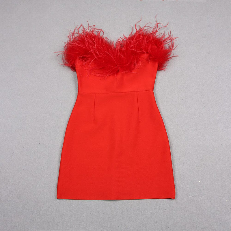 RED FEATHER TRIM MINI DRESS