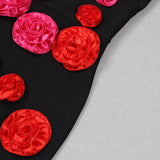 ROBE MIDI UNE ÉPAULE DÉTAIL ROSE EN NOIR