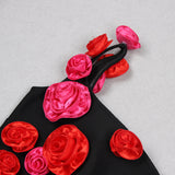 ONE SHOULDER ROSE DETAIL MIDI DRESS IN BLACK