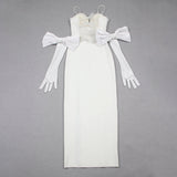 ROBE MAXI À BANDAGE DANS LE DOS BLANC AVEC GANTS 