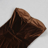 STRAPLESS BUSTIER FEATHER HEM MIDI VELVET DRESS BROWN