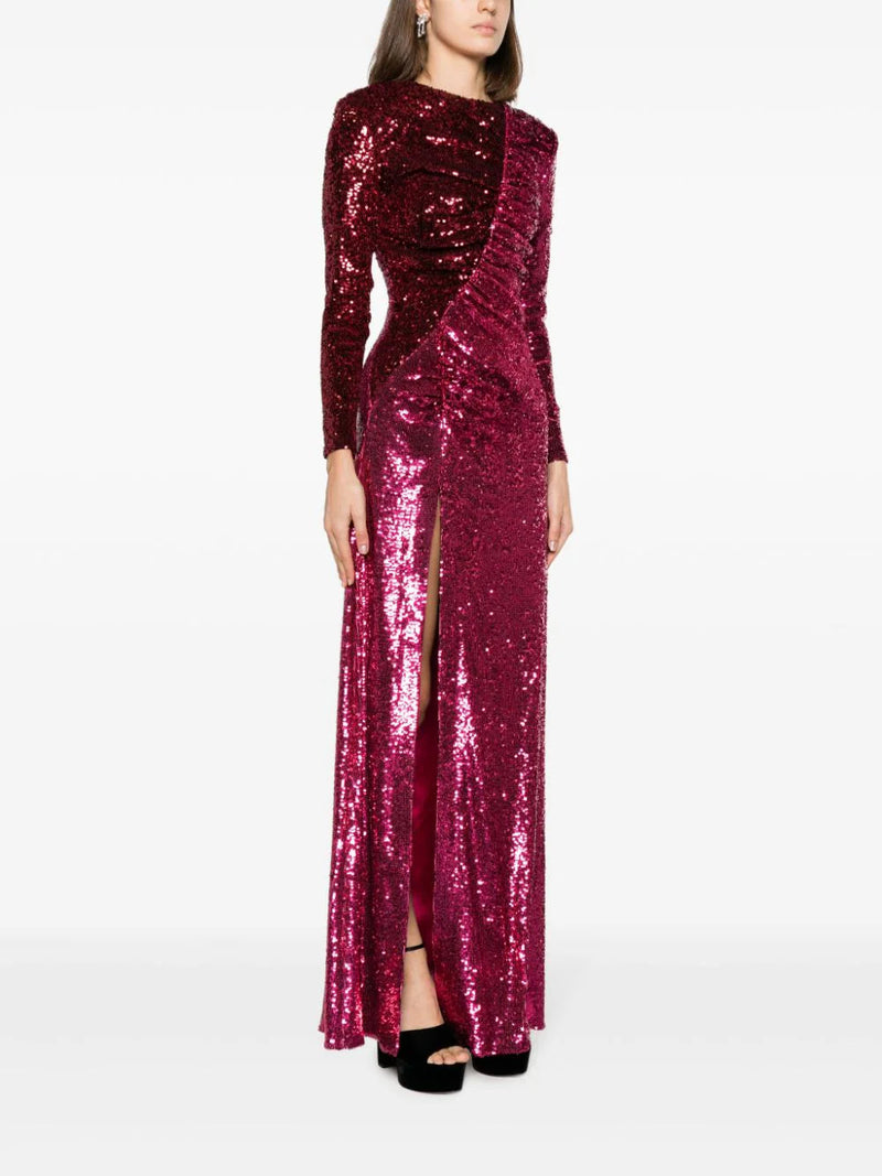 ROBE MAXI À SEQUINS FRONCÉS BORDEAUX