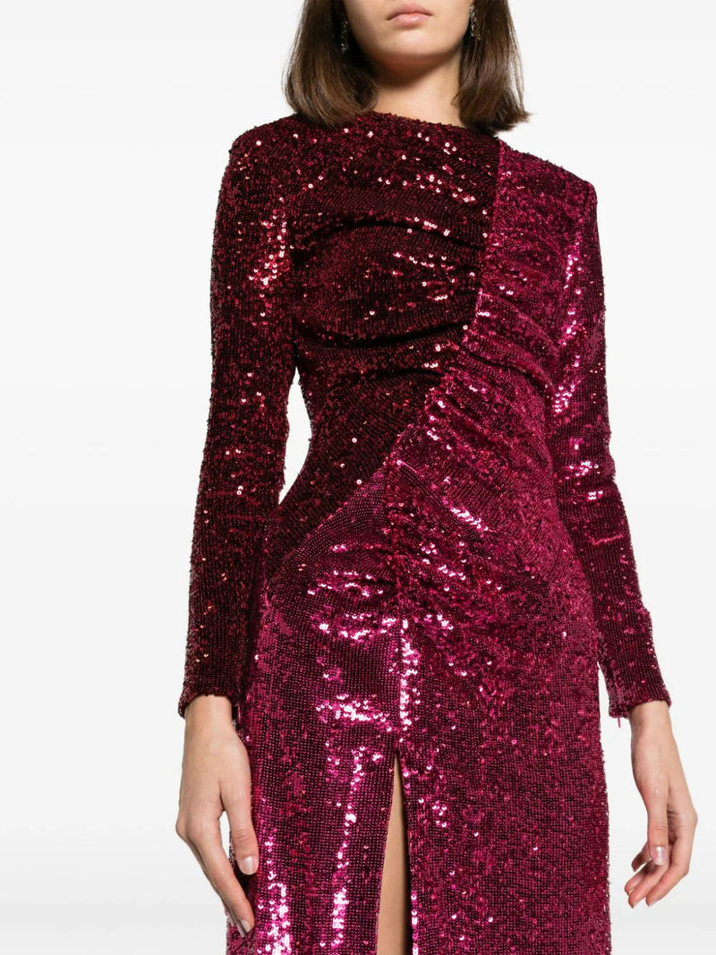 ROBE MAXI À SEQUINS FRONCÉS BORDEAUX