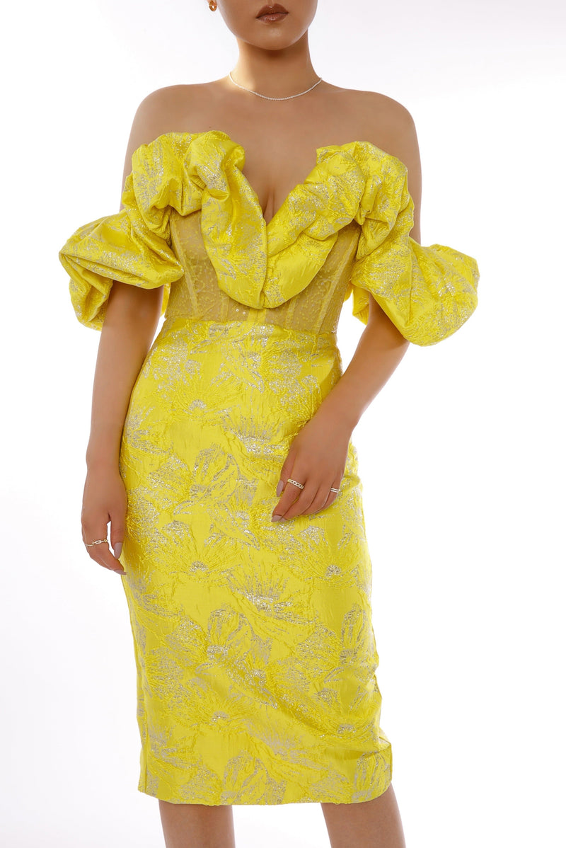 JACQUARD STRAPLESS MIDI DRESS IN YELLOW