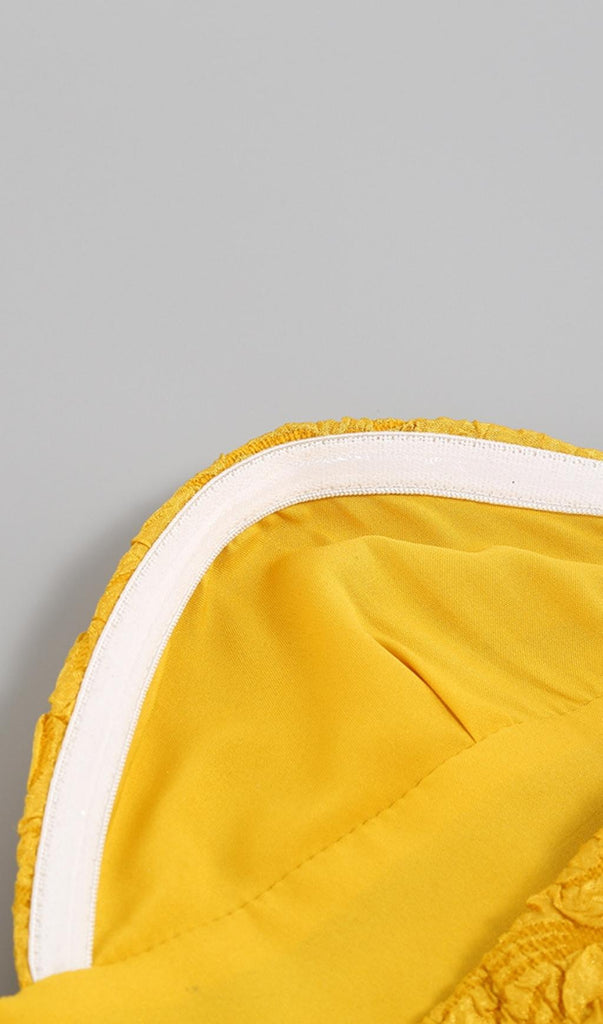 JACQUARD STRAPLESS MIDI DRESS IN YELLOW