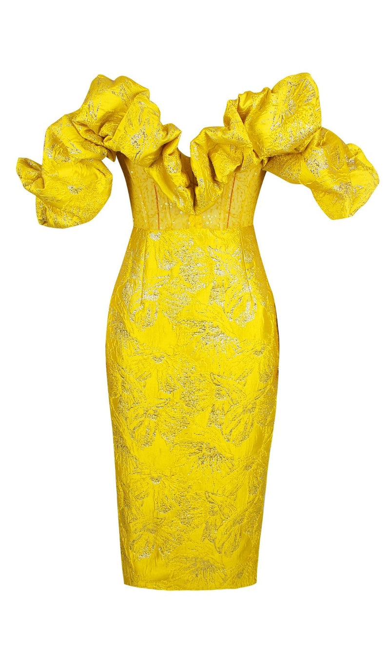 JACQUARD STRAPLESS MIDI DRESS IN YELLOW