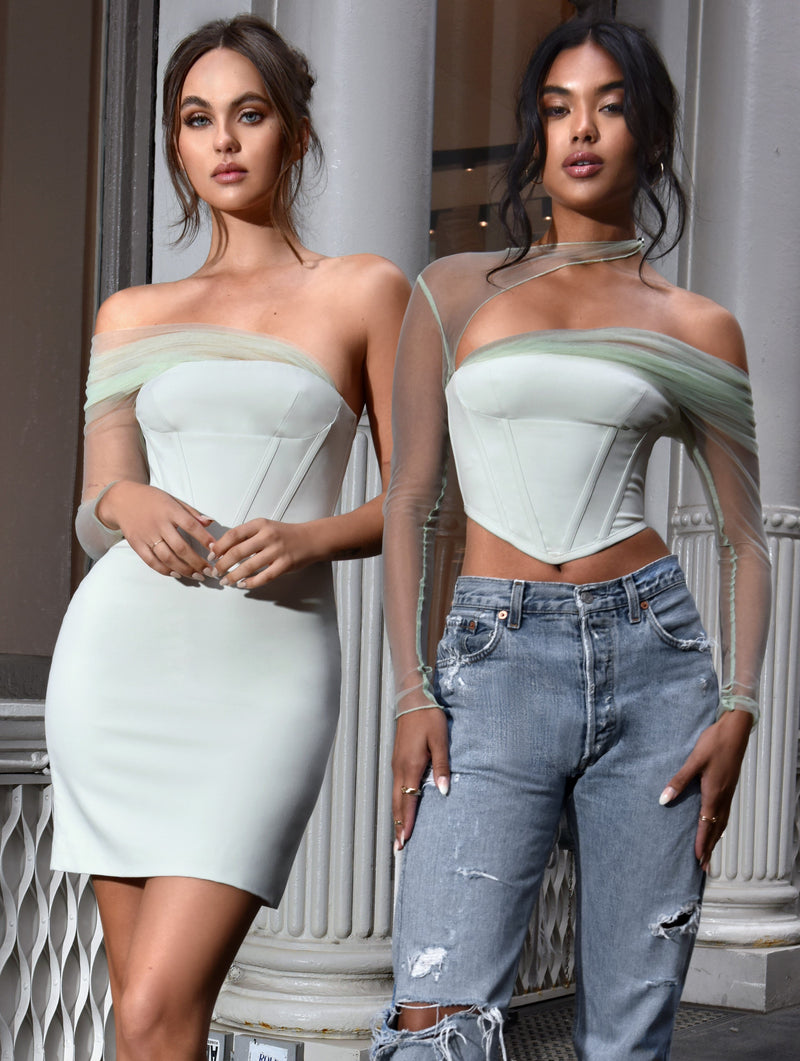 MIAH MINT STRETCH MESH SLEEVE CORSET TOP