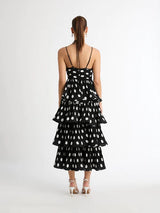 POLKA-DOT RUFFLE TRIM TIERED MIDI DRESS