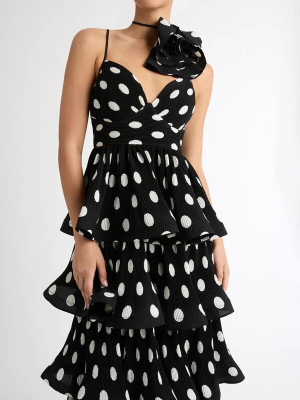 POLKA-DOT RUFFLE TRIM TIERED MIDI DRESS