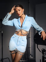 CRYSTAL FRINGE CHAIN DENIM SUIT