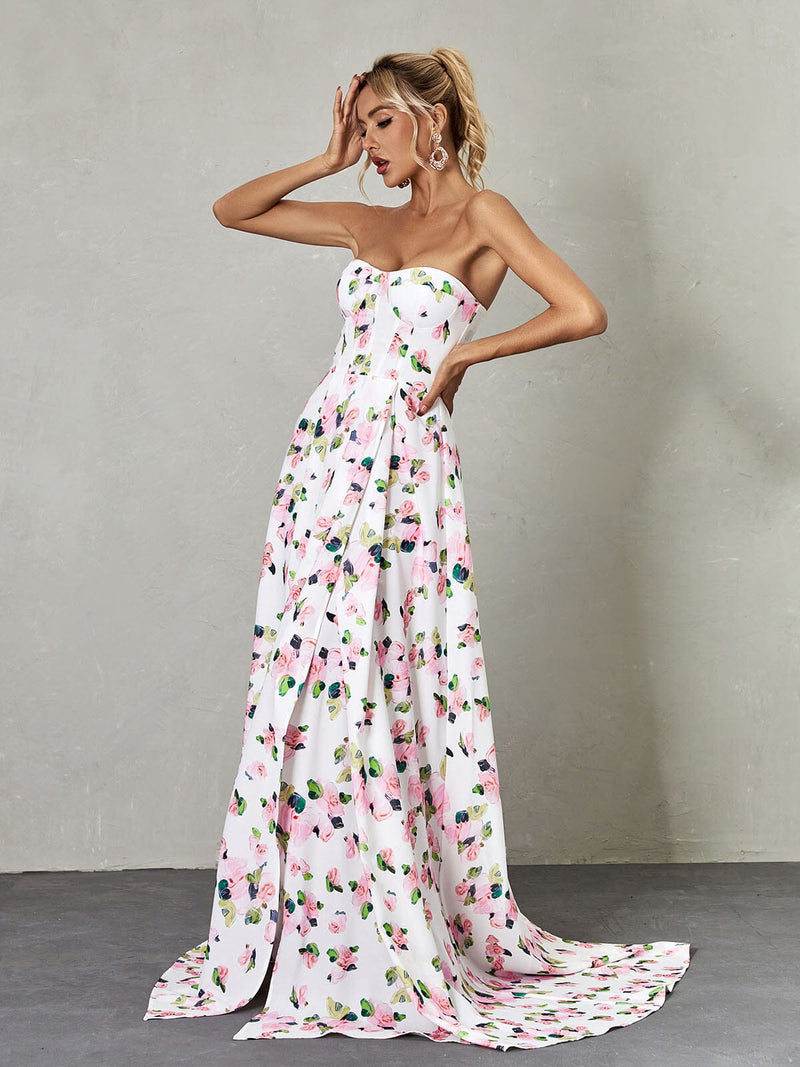 STRAPLESS FLORAL SPLIT MAXI DRESS