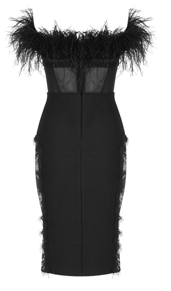 LACE FEATHER DRESS IN BLACK