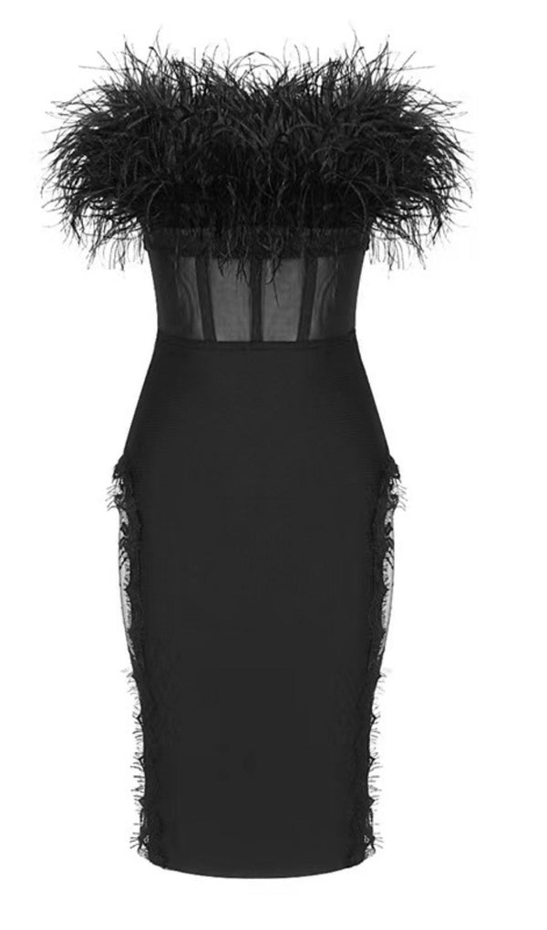 LACE FEATHER DRESS IN BLACK