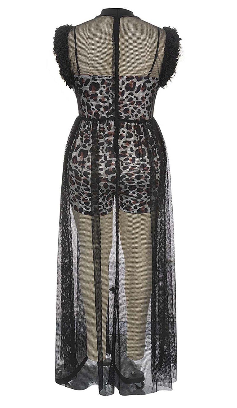 LEOPARD MESH MAXI DRESS IN BLACK