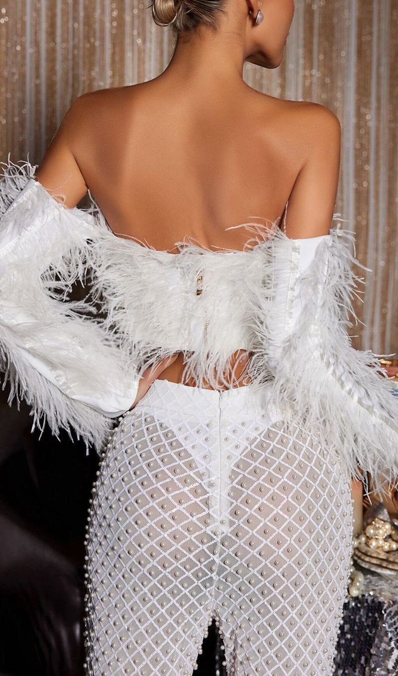 OFF SHOULDER CROP FEATHER TOP