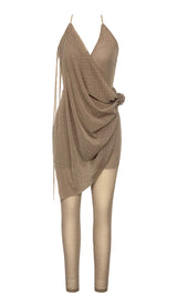 MESH PLUNGE JUMPSUIT IN BROWN