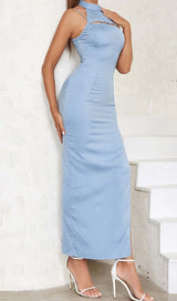 MOCK NECK SLIT MIDI DRESS IN BLUE