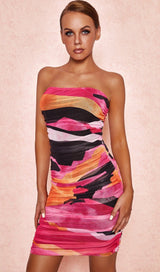 MULTICOLOURED STRAPLESS RUCHED MIDI DRESS