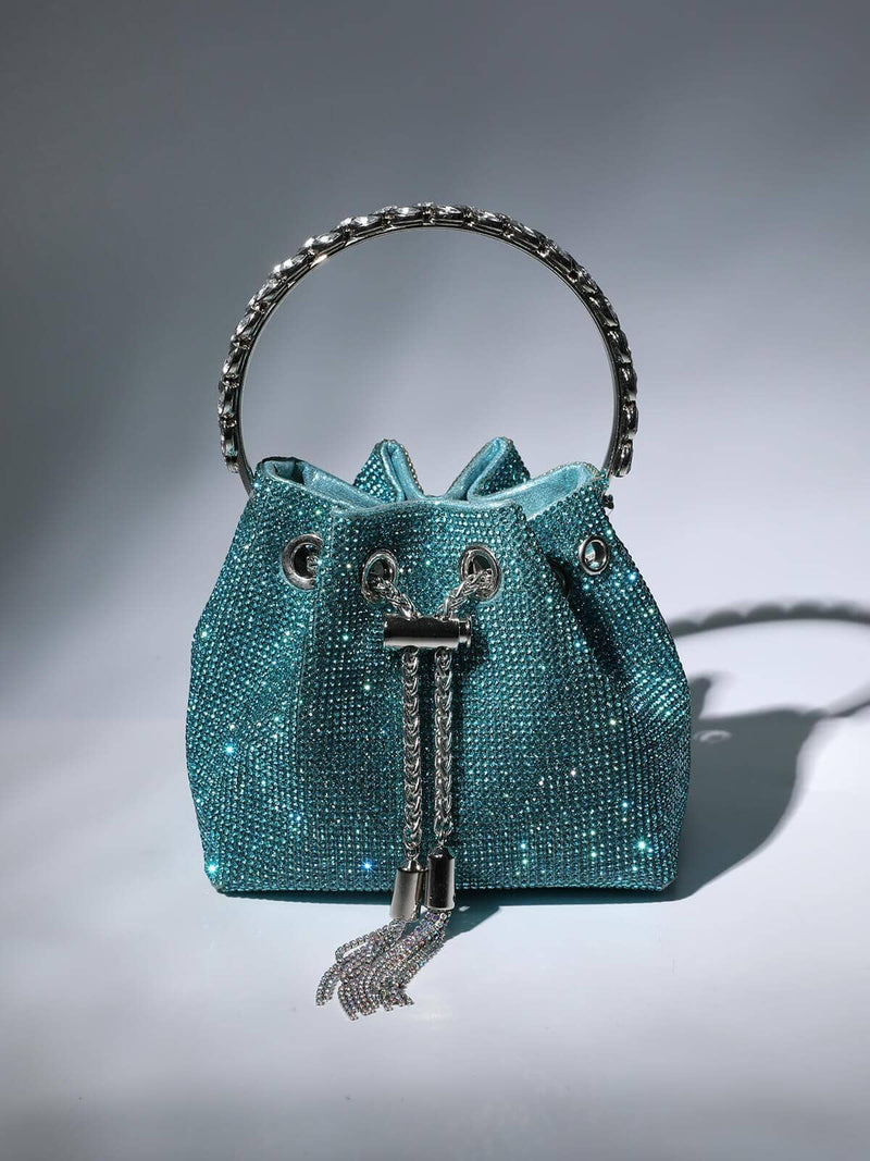 CRYSTAL EMBELLISHED BUCKET BAG IN BLUE