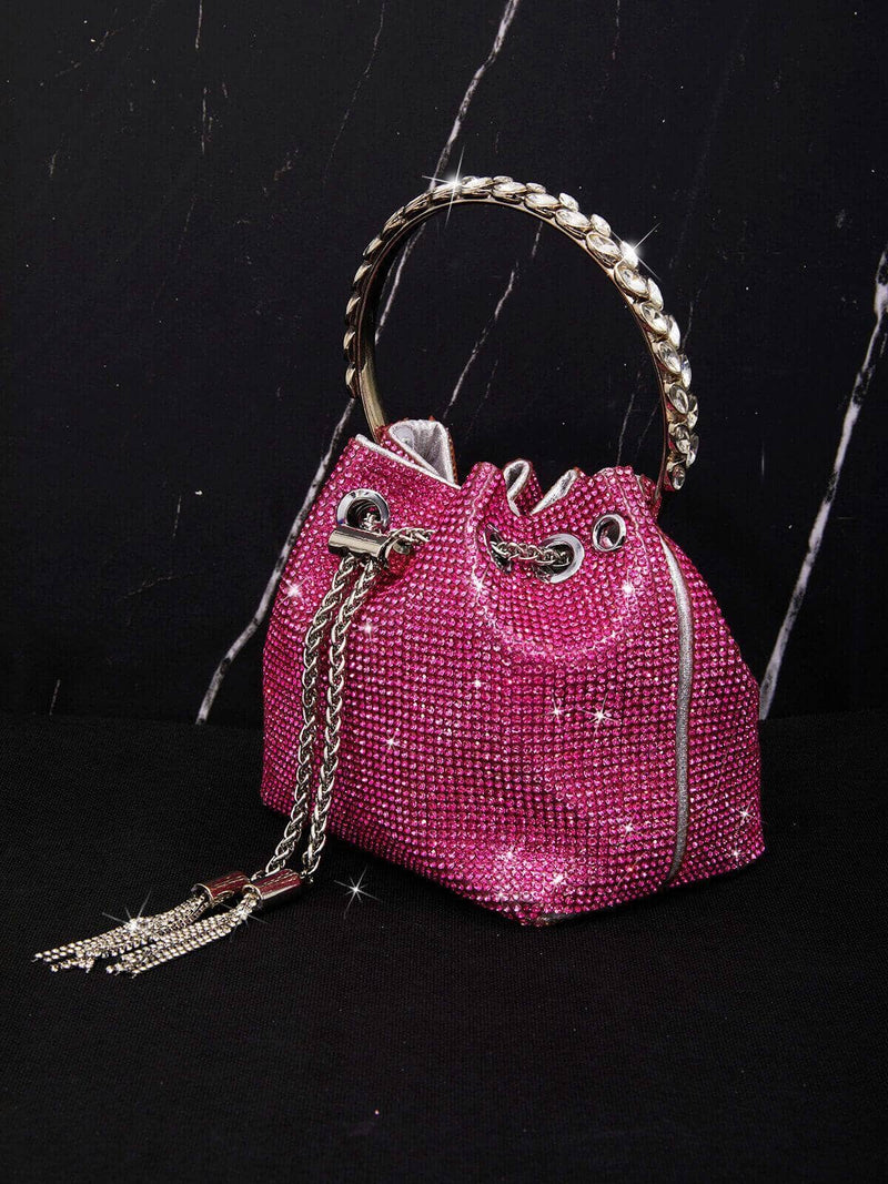 CRYSTAL EMBELLISHED BUCKET BAG IN HOT PINK