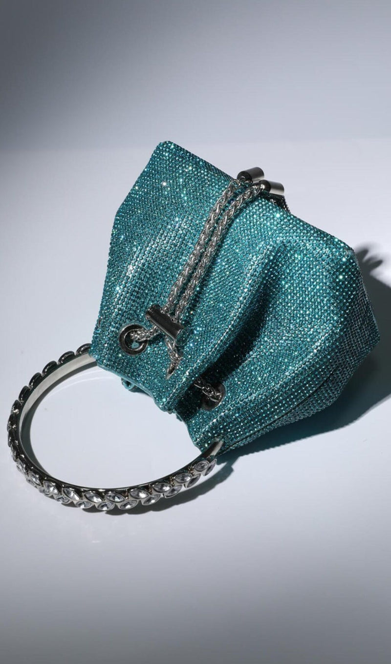 CRYSTAL EMBELLISHED BUCKET BAG IN BLUE