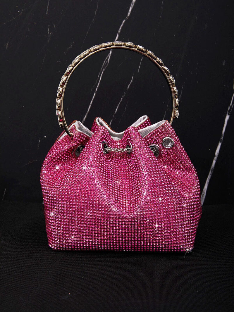 CRYSTAL EMBELLISHED BUCKET BAG IN HOT PINK