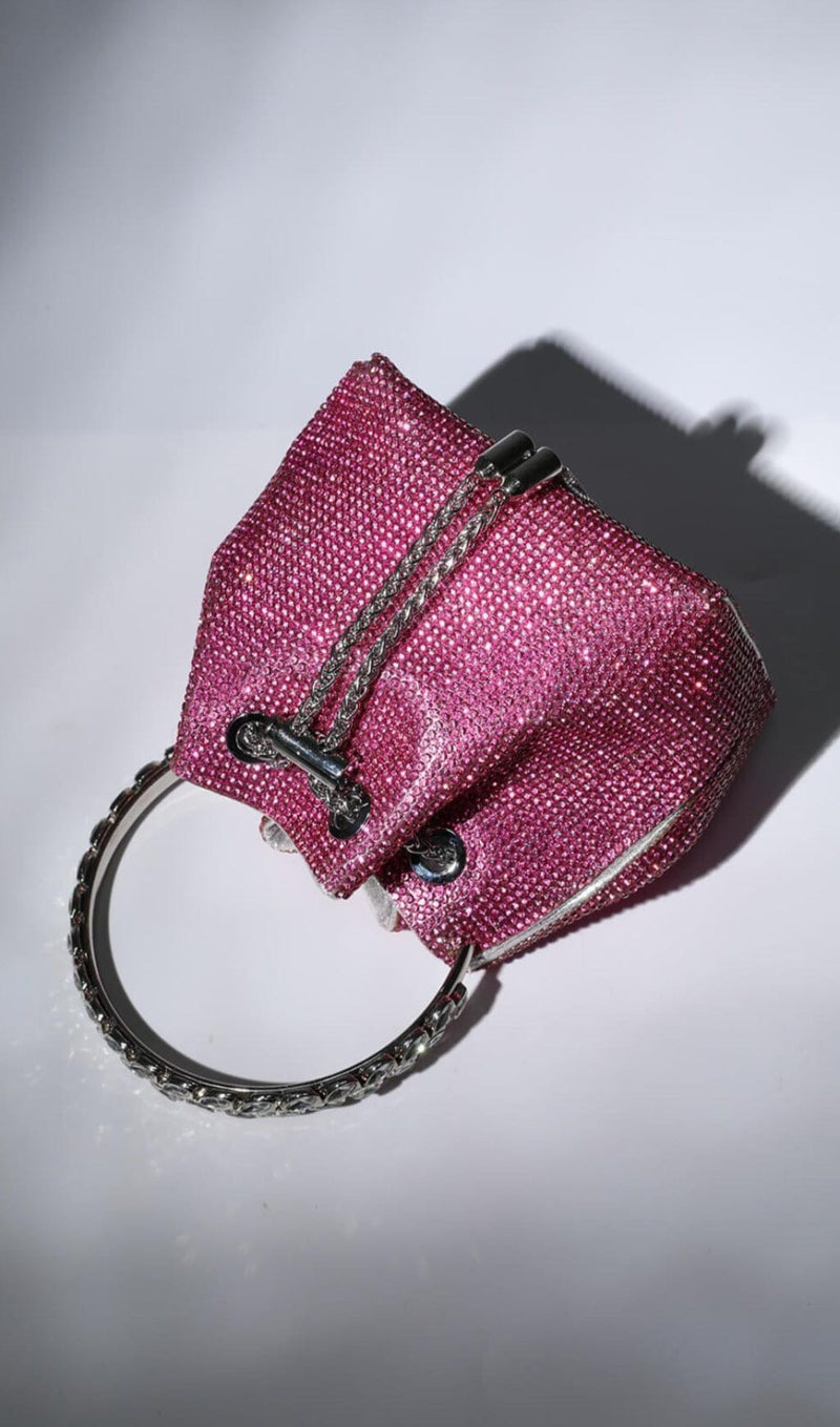 CRYSTAL EMBELLISHED BUCKET BAG IN HOT PINK