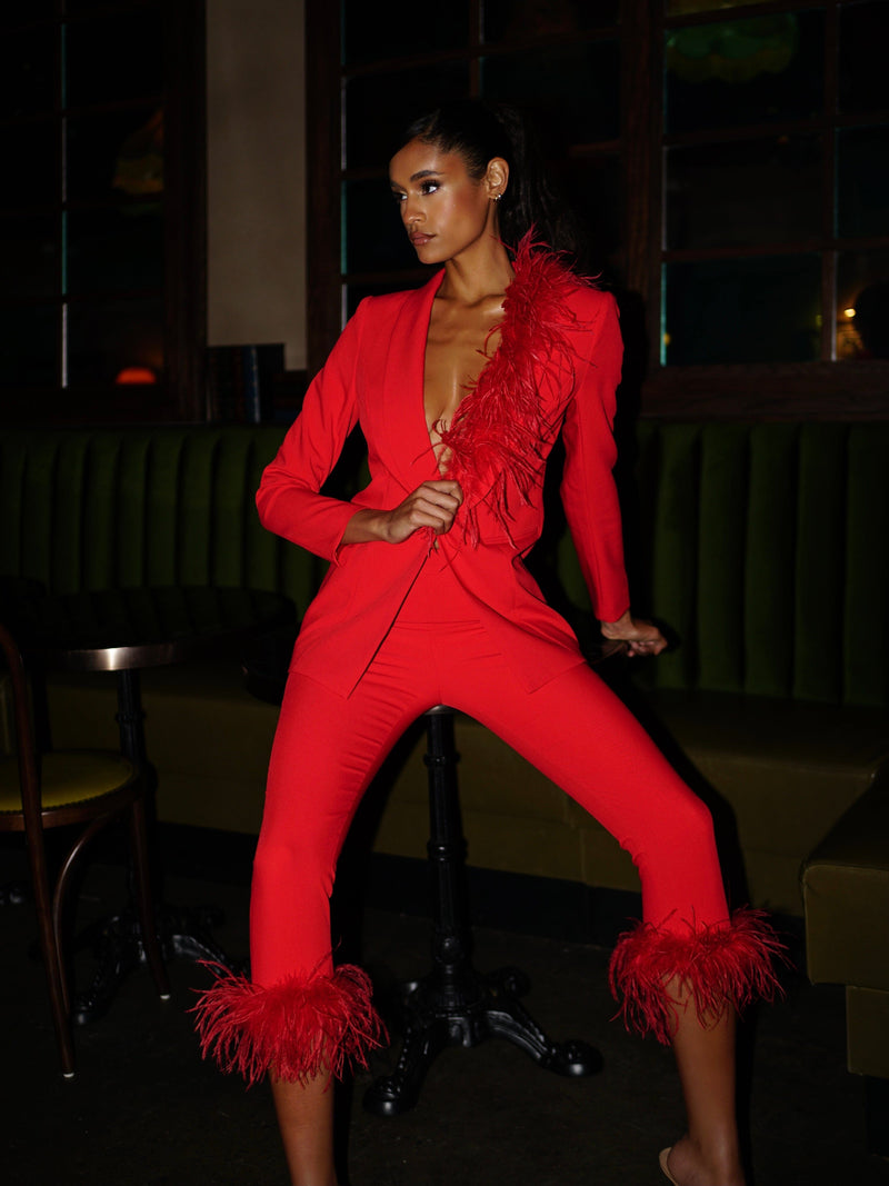 RED BLAZER SUIT WITH FEATHER TRIM