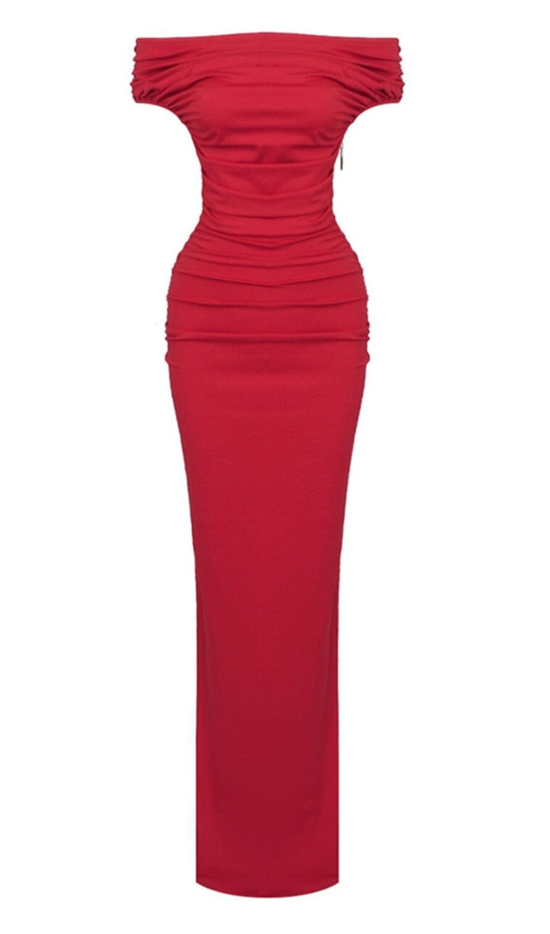 SLASH NECK PLEATED MAXI DRESS IN RED