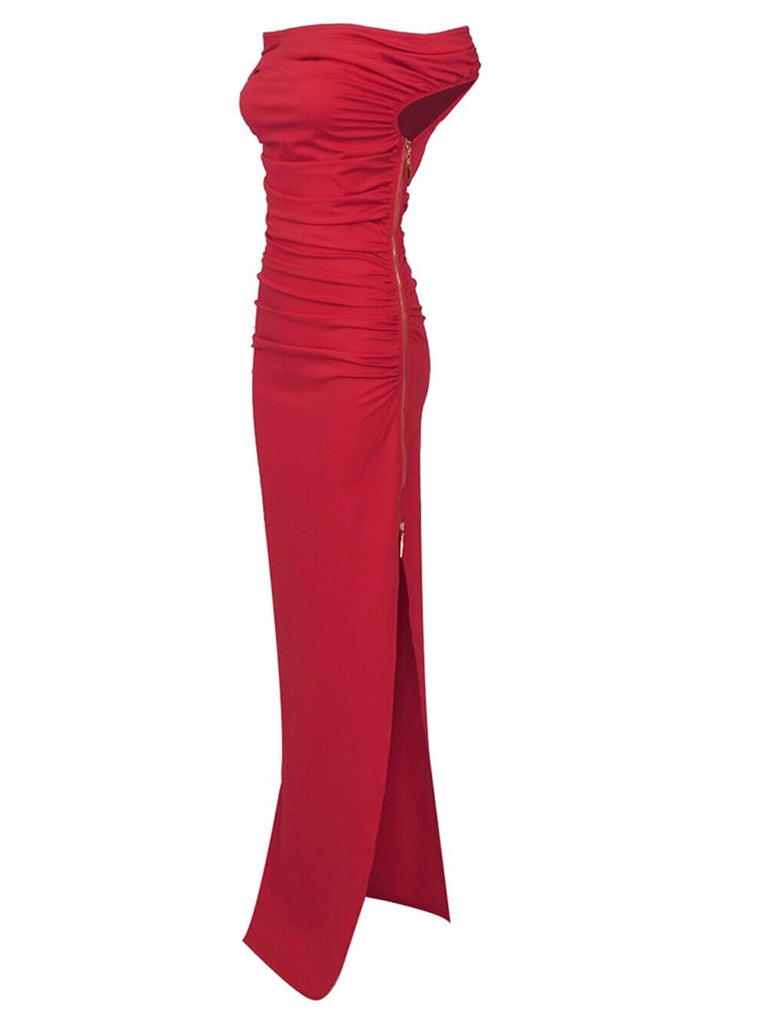 SLASH NECK PLEATED MAXI DRESS IN RED