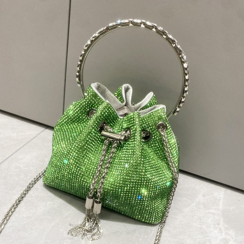 CRYSTAL EMBELLISHED BUCKET BAG IN GREEN